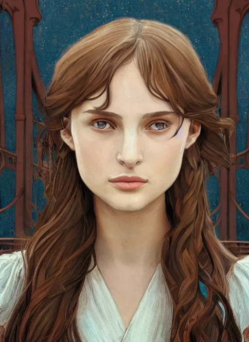 Prompt: well - lit art nouveau face portrait of a 1 3 - year old girl wih resembles natalie portman and emily browning acting shy on a bridge, natural lighting, path traced, highly detailed, high quality, cartoon, digital painting, by don bluth and ross tran and studio ghibli