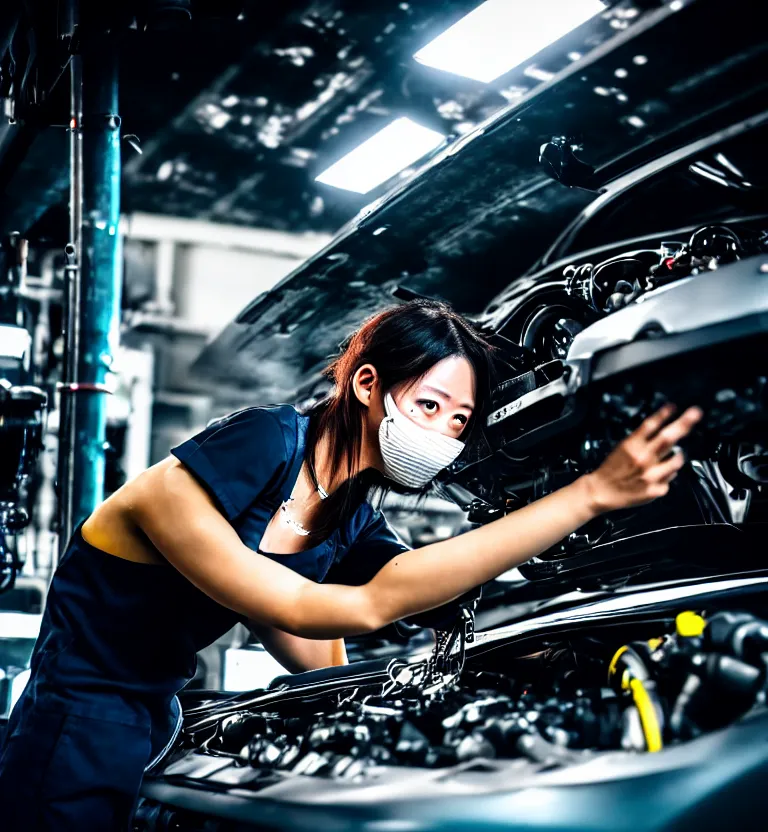 Image similar to a photo close up a female mechanic working on engine of a cyberpunk supercar, wearing mask, japanese tuning garage, cyberpunk gunma prefecture, midnight, photorealistic, cinematic color, studio lighting, highly detailed, bokeh, style by tomino - sama