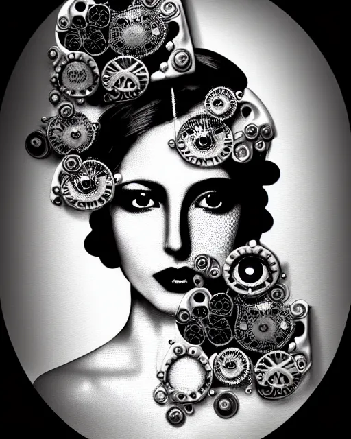 Image similar to black and white masterpiece profile portrait painting with no frame, one steampunk eye silver lace floral biomechanical beautiful young female cyborg, big monocular, volumetric light, hibiscus flowers, by dora maar, rim light, big gothic fashion pearl embroidered collar, 8 k