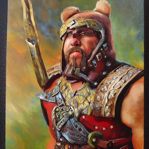 Image similar to a russian warrior who is wearing iron gauntlets in the shape of bear claws in the style of warhammer fantasy : : head and shoulders oil painting