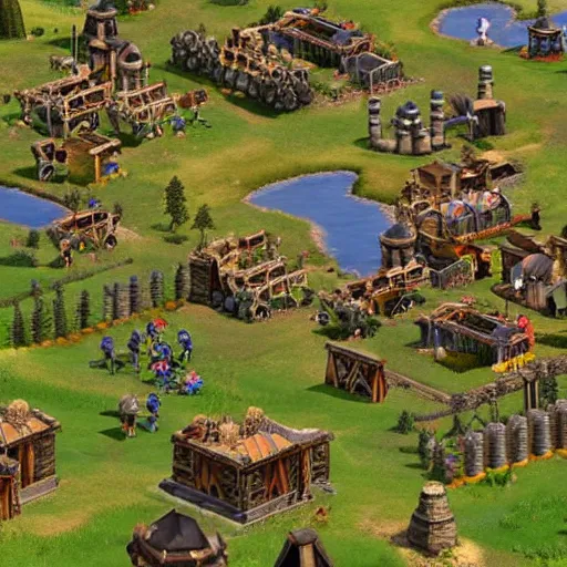 Prompt: a group of giant minions standing near a Town Center in the game Age of Empires