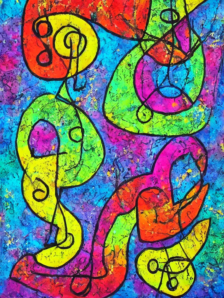 Prompt: a mixed media painting of an acorn that turns into a tree in the shape of a treble clef with a bunch of different colors, loud and exciting