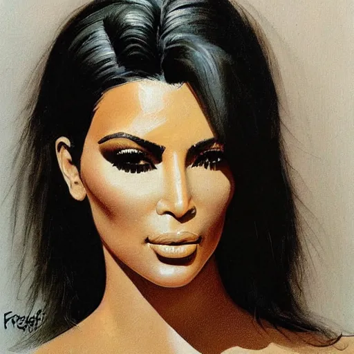 Prompt: epic portrait of kim kardashian by frank frazetta and boris vallejo