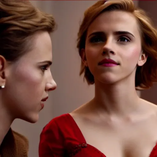 Prompt: scarlett johansson and emma watson, both are looking at the camera teasingly, sexy movie still, film screencap, romantic intimate scene, two women