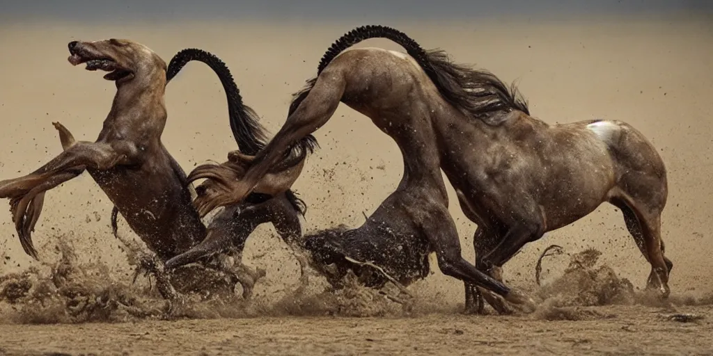 Image similar to national geographic photo of horse full of octopus being eaten by african hunting dogs