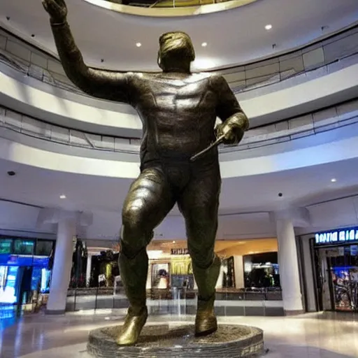 Prompt: heroic steel statue of Donald Trump saving the worl, in a mall