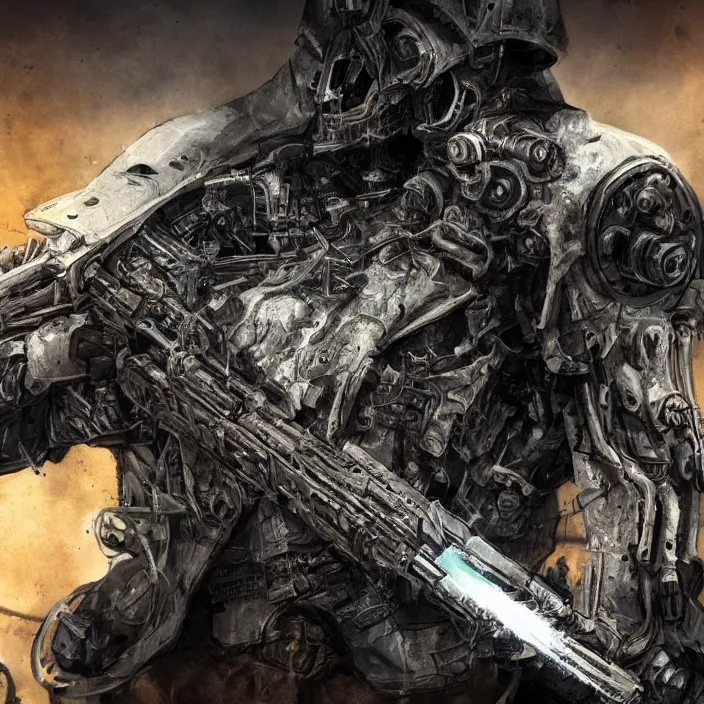 Image similar to gritty hooded apocalyptic cyborg shouldering laser - rifle, destroyed machinery, hyper - detailed, sharp focus, 4 k ultra hd, fantasy dark art, apocalyptic art