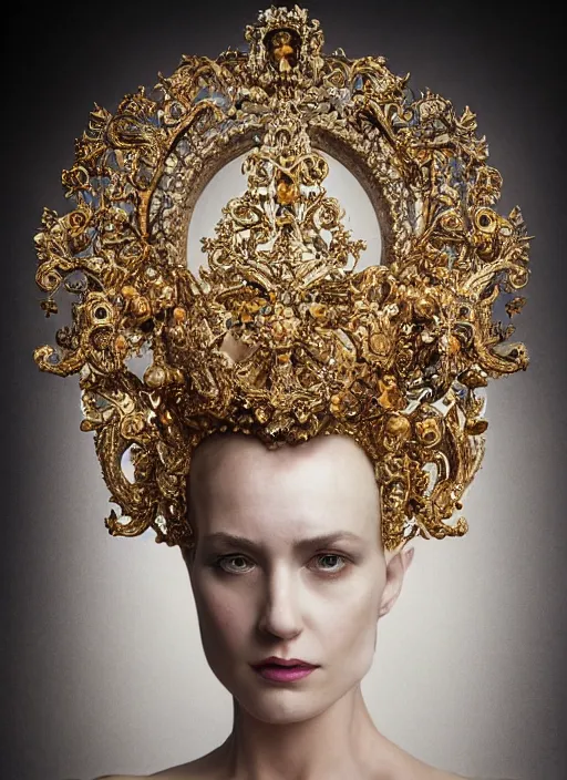 Image similar to a portrait of elizabeth cuthbert by stefan geselle and nekro borja, photorealistic, intricate details, hyper realistic, fantasy, elegant, baroque gold headpiece, photorealistic, canon r 3, photography, wide shot, symmetrical features, symmetrical pose, wide angle shot, head to toe, standing pose, feet on the ground, wearable art