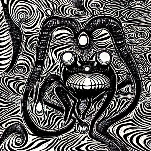 Image similar to eldritch frog abomination of unimaginable horror by h. r. giger and junji ito, speculative evolution, op art with big bold patterns