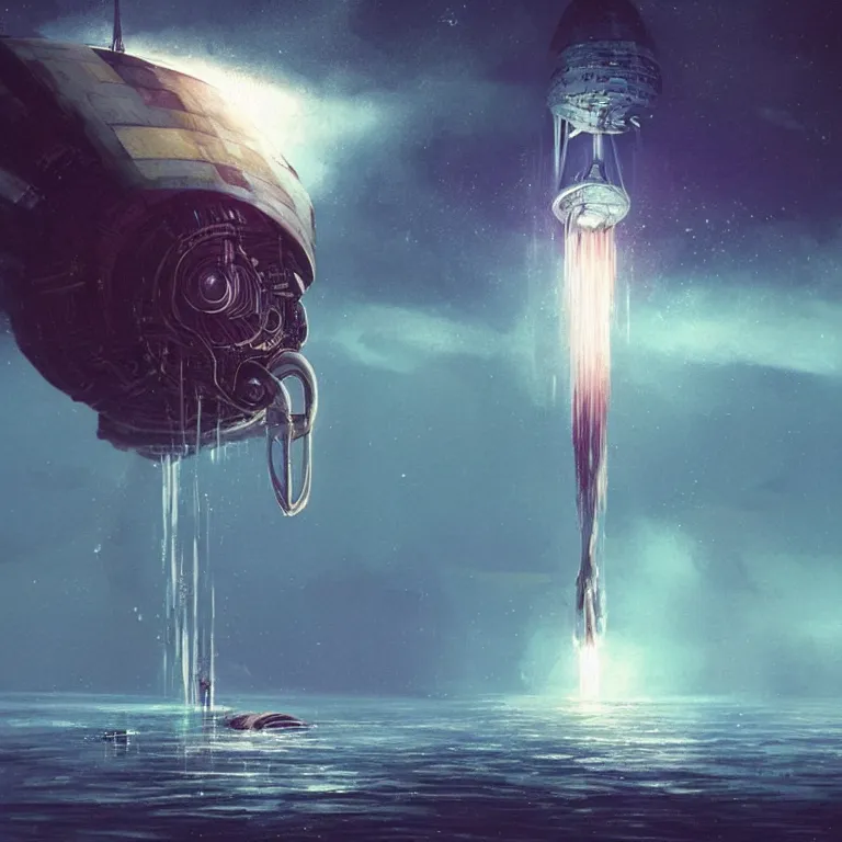 Image similar to mechanical spaceship called the nautilus dripping wet emerging from a the ocean, launching to space, sci - fi concept art, by john harris, by simon stalenhag, stunning, award winning