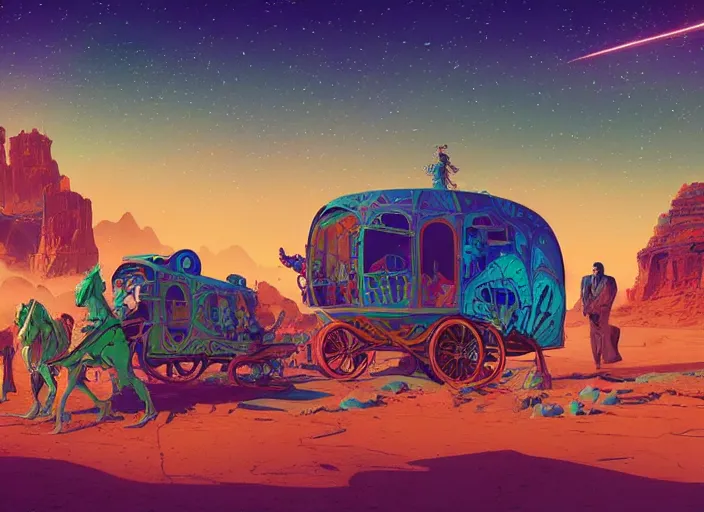 Prompt: a luminescent gypsy caravan by paolo eleuteri serpieri and tomer hanuka and chesley bonestell and daniel merriam and tomokazu matsuyama, unreal engine, high resolution render, featured on artstation, octane, 8 k, highly intricate details, vivid colors, vector illustration