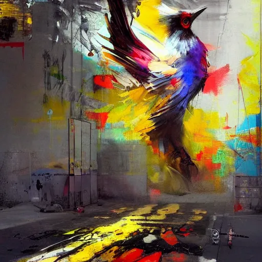 Image similar to A beautiful street art of a large, colorful bird with a long, sweeping tail. The bird is surrounded by swirling lines and geometric shapes in a variety of colors by Jeremy Mann playful, doom