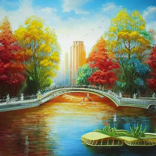 Image similar to Beautiful city of the future in harmony with nature. Nice colour scheme, soft warm colour. Beautiful detailed painting by Lurid. (2022)