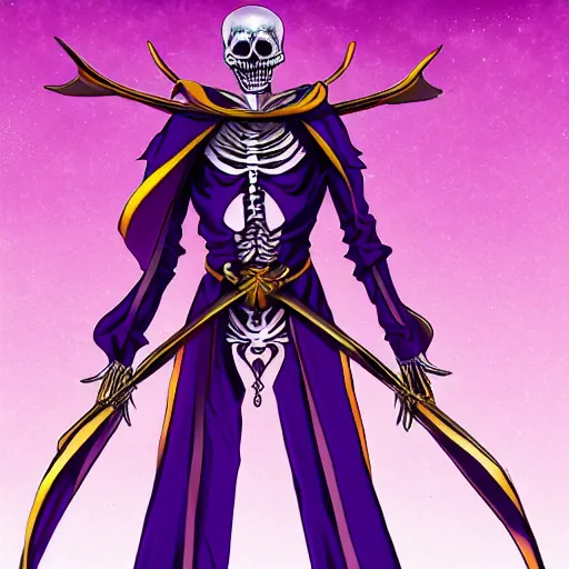 Image similar to a skeleton in a purple robe, golden magical shoulder pads, in a hood, a red magic sphere in the chest, he stands next to the golden throne, manga, anime overlord, hand drawn, proportions, 2d