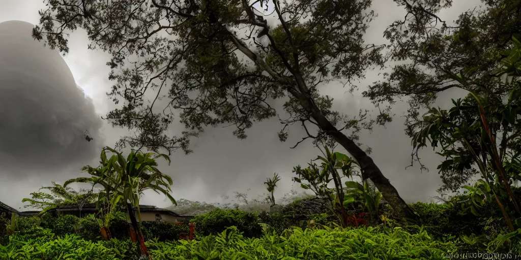 Image similar to atomic mushroom cloud over a Hawaiian villa in the middle of an tropical forest, ominous Sky, gloomy atmosphere, cinematic, mist, High definition, 8k, ultra detailed