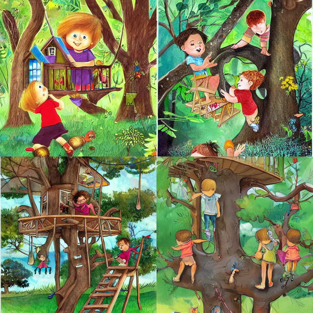 Prompt: detailed, sharp, children playing in the treehouse, children's book illustration, art station