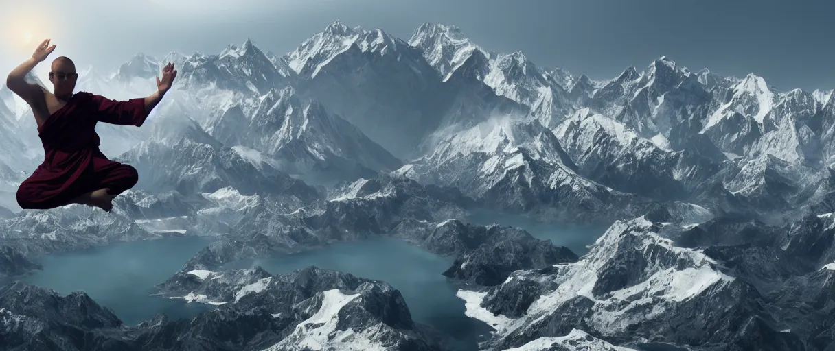 Image similar to buddhist monk in lotus position flying in front of camera over himalaya mountains lake in weightlessness, small foggy and blue gloomy, bokeh background, highly detailed science fiction illustration by jeremy geddes. photorealistic, octane render, hyper detailed, 8 k, movie still, artstation, unreal engine