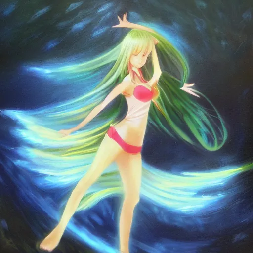 Image similar to oil painting of a long hair anime lady ELF dancing in the moonlight l Trending on Pixiv