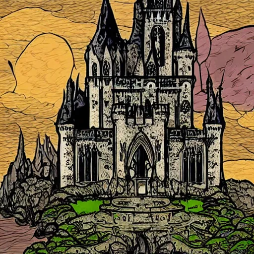 Prompt: beautiful gothic castle landscape in the style of Jim Davis