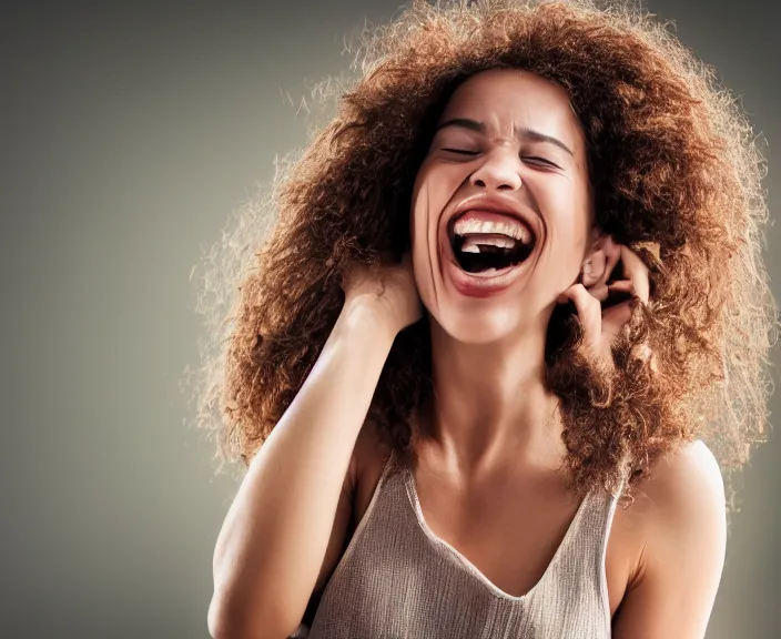 Prompt: 4 k hd, high detail photograph of beautiful woman laughing sadly, shot with sigma f / 4. 2, 2 5 0 mm sharp lens, wide shot, consistent, volumetric lighting, high level texture render