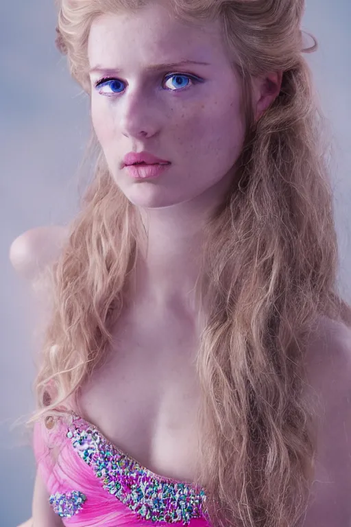 Image similar to a princess with long blonde hair and light blue eyes wearing a strapless elaborately beaded pink dress, high resolution film still, 8k, HDR color, film by Simon Langton and David Frankel, triangular face, very light freckles, round narrow chin, straight jawline, natural lips, high cheekbones, beautiful gazing eyes