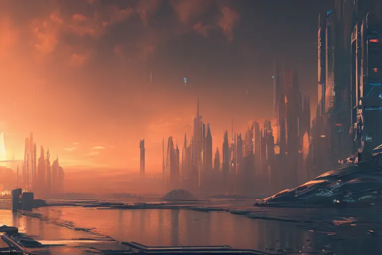 Image similar to cyberpunk future city landscape in style of aivazovsky, sunset, ultra details, cinematic, 8k, sharp focus, award winning photo, crisp edges, octane render, hyper realistic, maximum details, 16k,