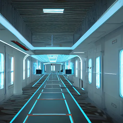 Image similar to long hall in futuristic lab, full of robots, light blue and white, background of resident evil game