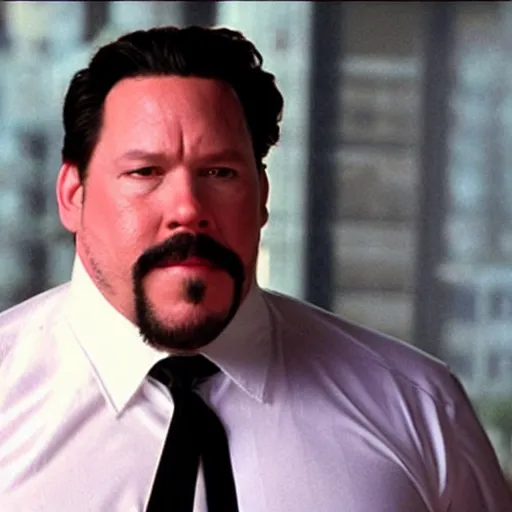 Image similar to clean-shaven Jon Favreau as Happy Hogan wearing a white dress shirt and black vest and black necktie floats high above a city with a frightened expression on his face