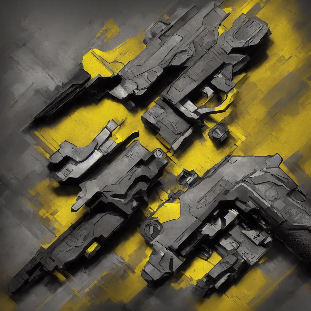 Prompt: cyberpunk pistol concept art, industrial, yellow, silver, black, heavy duty, blade runner 2049, cyberpunk, futuristic, game concept art