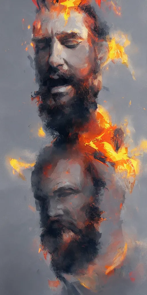 Image similar to abstract painting of hansome bearded man on fire, by craig mullins, featured on artstation. Portrait.