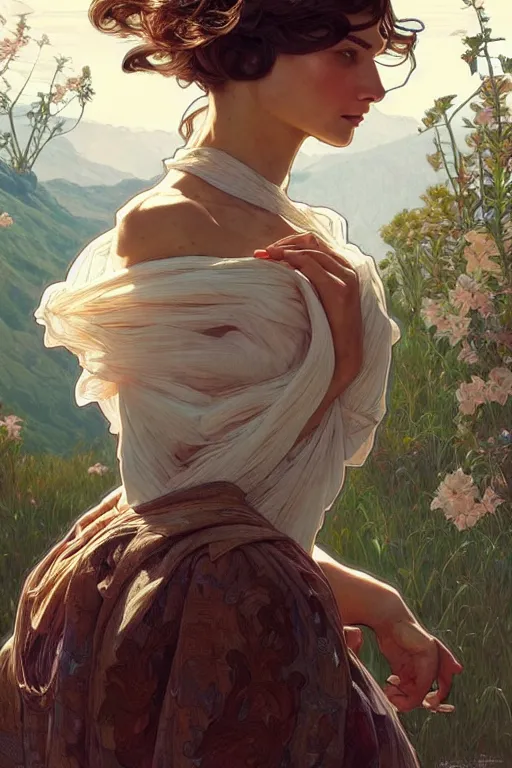 Image similar to clear portrait of a vogue photoshoot, cottagecore!!, background hyper detailed, character concept, full body, dynamic pose, intricate, elegant, highly detailed, digital painting, artstation, concept art, smooth, sharp focus, illustration, art by artgerm and greg rutkowski and alphonse mucha
