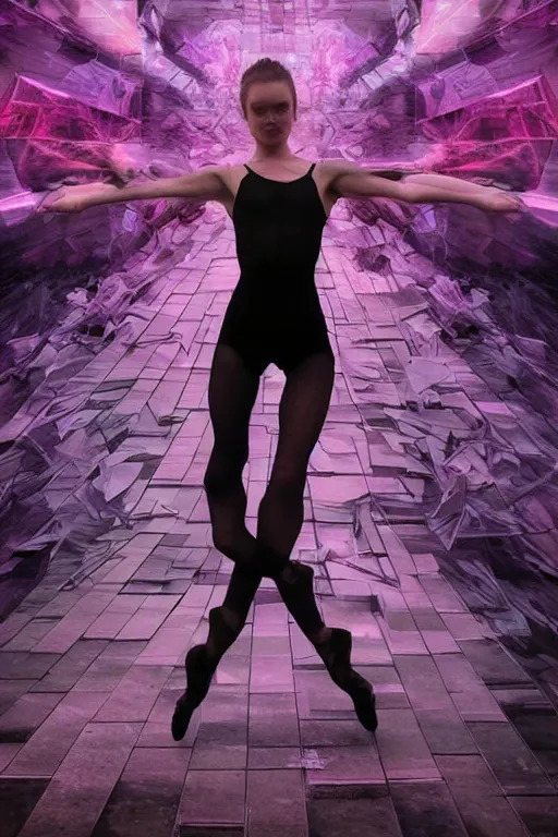 Image similar to wideangle action, a wild beautiful ballet techno dancer among shards of reality, madness, decoherence, synthwave, glitch!!, fracture, vortex, realistic, hyperdetailed, concept art, art by lsd, cubism