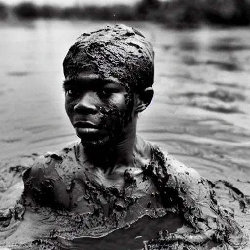 Image similar to 1 8 year old black boy soldier, rising out of muddy vietnam river, face covered in mud, low camera angle at water level, night time, film still from apocalypse now ( 1 9 7 9 ), 2 6 mm,