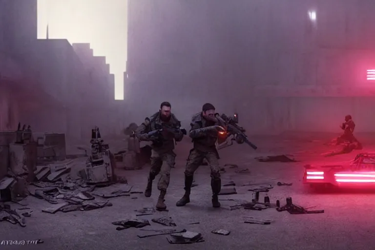 Image similar to vfx film, blade runner 2 0 4 9 futuristic soldiers shoot at enemy robots futuristic war, battlefield, war zone, shootout, dilapidated city ruins, running, shooting, explosion, battlefront, leaping, flat color profile low - key lighting award winning photography arri alexa cinematography, big crowd, hyper real photorealistic cinematic beautiful, atmospheric cool colorgrade