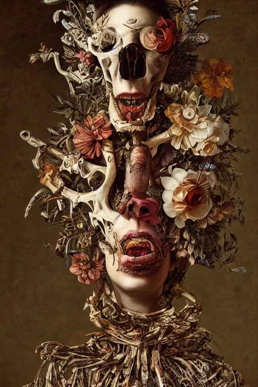 Image similar to Detailed maximalist portrait with large lips and with large white eyes, exasperated expression, botany bones, HD mixed media, 3D collage, highly detailed and intricate, surreal illustration in the style of Caravaggio, dark art, baroque