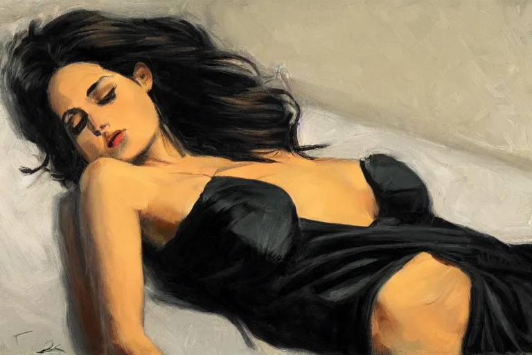 Image similar to Ground Level Shot, long shot of a beautiful dark haired woman wearing a black dress, laying on her back on a bed. by fabian perez