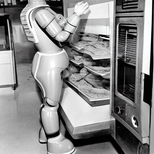 Prompt: Humanoid robot taking a loaf of bread out of the oven, 1959, black and white photo, world's fair