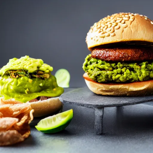 Image similar to vegan hamburger with guacamole and crispy fried onion and fried egg toppings, crispy buns, 8 k resolution, studio lighting, sharp focus, hyper - detailed