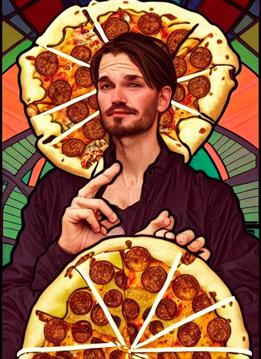 Image similar to unlucky man trips and looks in terror as he drops all the pizza, intricate, elegant, highly detailed, lighting, painting, artstation, smooth, illustration, art by greg rutowski and alphonse mucha