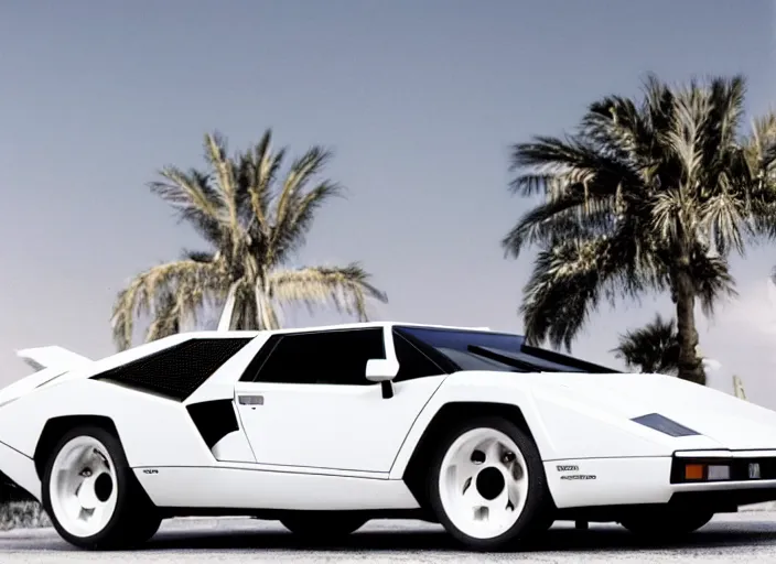 Image similar to a white lamborghini countach. palms and blue to punk sky in the background. 8 0's style. outline