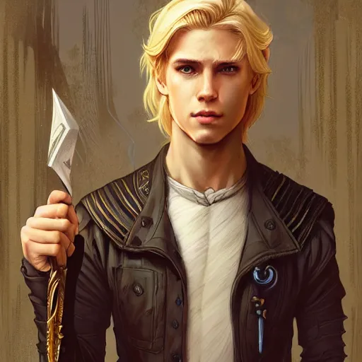 Prompt: an epic fantasy comic book style portrait painting of a young over confident blonde boy wearing plain thief clothes, d & d, fantasy, intricate, elegant, highly detailed, digital painting, artstation, concept art, matte, sharp focus, illustration, art by artgerm and greg rutkowski and alphonse mucha