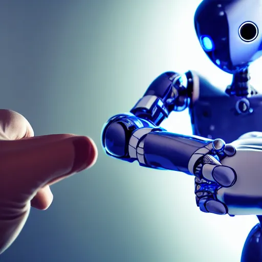 Image similar to humanoid robot using a mirror, human reflection touching the robot's finger through the mirror, dramatic, cinematic, ultra - detailed, 8 k,