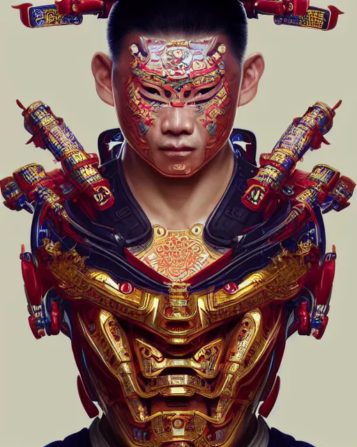 Image similar to portrait of a chinese masculine male cyberpunk machine, machine face, upper half portrait, decorated with chinese opera motifs, muscular, asian, fine china, wuxia, traditional chinese art intricate intense elegant 京 剧 highly detailed digital painting artstation concept art smooth sharp focus illustration, art by artgerm and greg rutkowski alphonse mucha 8 k