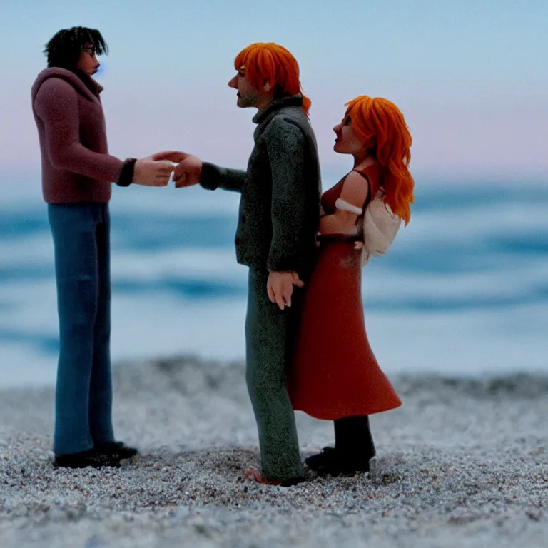 Image similar to a cinematic film still of a claymation stop motion film eternal sunshine of the spotless mind joel and clementine on the beach, shallow depth of field, 8 0 mm, f 1. 8