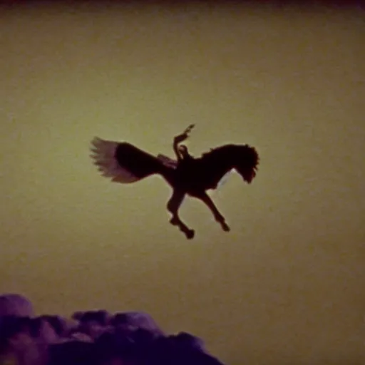 Image similar to movie still of pegasus flying, cinematic composition, cinematic light, criterion collection, by david lynch