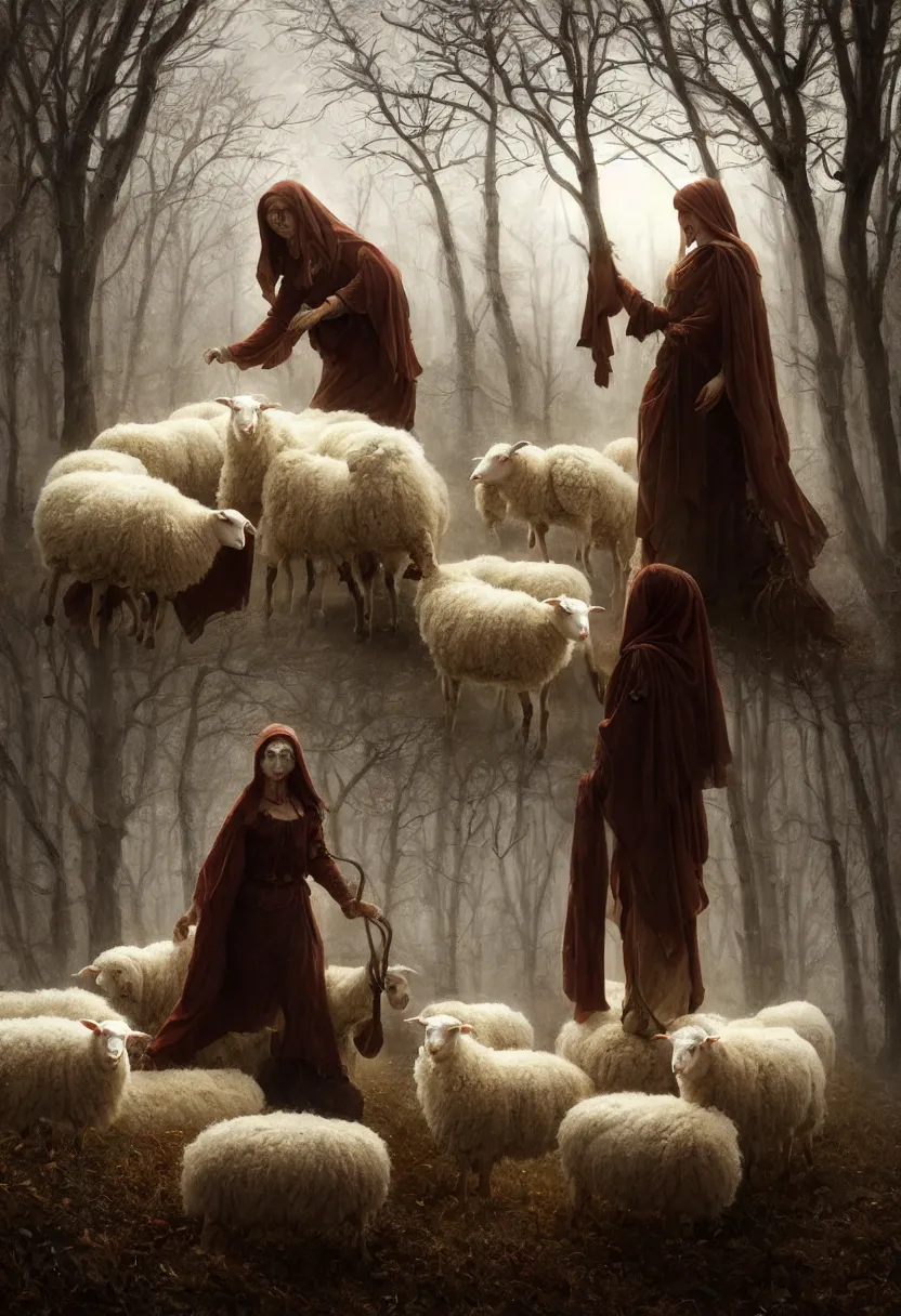 Prompt: spooky slavic pagan ritual with figure in sheep skin chasing away the winter. extremely high fidelity, 8 k, super resolution, cinematic view, super resolution, epic, hyperdetailed, digital painting, artstation, concept art, smooth, sharp focus, octane render, dramatic lighting, art by artgerm and greg rutkowski and alphonse mucha and wlop