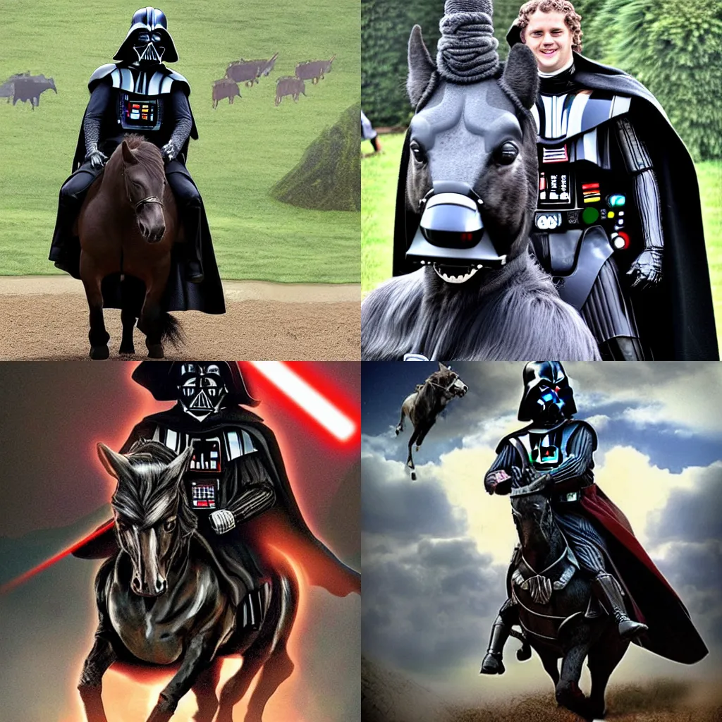 Prompt: Darth Vader rides a horse with the head of Frodo Beutlin the Hobbit, The horse has a Head in the shape of Frodo beutlin the hobbit, hobbit, hobbit, hobbithead