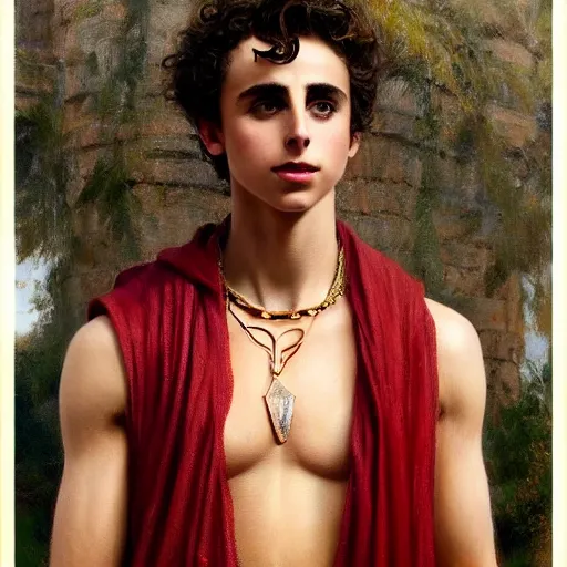 Image similar to detailed realistic cinematic wide shot of beautiful attractive muscular thimotee chalamet as roman empreror gold chain wearing royal red clothes slim face symettrical face clean skin black eyes black robe smooth, sharp focus, ultra realistic, spring light, painting by gaston bussiere, craig mullins, j. c. leyendecker