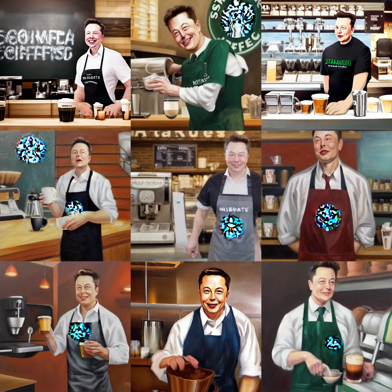 Prompt: realistic oil painting of elon musk in Starbucks barista uniform apron serving coffee to customers