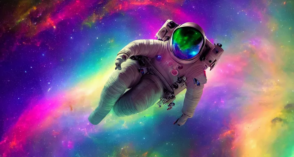 Image similar to Astronaut floating through a rainbow space nebula, hyperdetailed, artstation, cgsociety, 8k